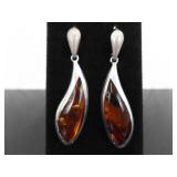 .925 Sterling Silver Dichroic Amber Dangle Hook Earrings