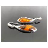 .925 Sterling Silver Dichroic Amber Dangle Hook Earrings