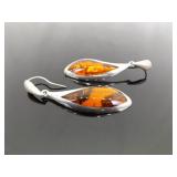 .925 Sterling Silver Dichroic Amber Dangle Hook Earrings