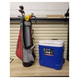Set of golf clubs with Irons and woods also funny cane with horn, Ice Cube 60 qrt cooler
