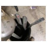 Set of golf clubs with Irons and woods also funny cane with horn, Ice Cube 60 qrt cooler