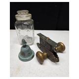 Vintage door knob, clear cookie jar, brass bell