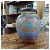 Ornate Pottery Vase handmade by Ernest Watchman  multi tone firing  2 inch brim and 6 inches tall.