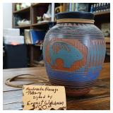 Ornate Pottery Vase handmade by Ernest Watchman  multi tone firing  2 inch brim and 6 inches tall.