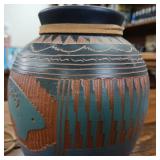 Ornate Pottery Vase handmade by Ernest Watchman  multi tone firing  2 inch brim and 6 inches tall.