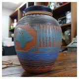 Ornate Pottery Vase handmade by Ernest Watchman  multi tone firing  2 inch brim and 6 inches tall.