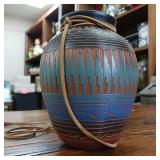 Ornate Pottery Vase handmade by Ernest Watchman  multi tone firing  2 inch brim and 6 inches tall.