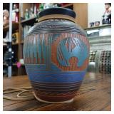 Ornate Pottery Vase handmade by Ernest Watchman  multi tone firing  2 inch brim and 6 inches tall.