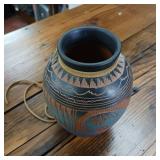 Ornate Pottery Vase handmade by Ernest Watchman  multi tone firing  2 inch brim and 6 inches tall.