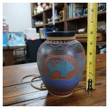 Ornate Pottery Vase handmade by Ernest Watchman  multi tone firing  2 inch brim and 6 inches tall.