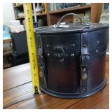 Front Latch Wood and Leather Round Box (Hat type) Very cool, hard to find carrying case  fine detail  leather straps  snap closure  10 inches wide by 9 inches