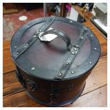 Front Latch Wood and Leather Round Box (Hat type) Very cool, hard to find carrying case  fine detail  leather straps  snap closure  10 inches wide by 9 inches
