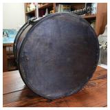Front Latch Wood and Leather Round Box (Hat type) Very cool, hard to find carrying case  fine detail  leather straps  snap closure  10 inches wide by 9 inches