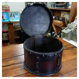 Front Latch Wood and Leather Round Box (Hat type) Very cool, hard to find carrying case  fine detail  leather straps  snap closure  10 inches wide by 9 inches