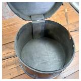 Front Latch Wood and Leather Round Box (Hat type) Very cool, hard to find carrying case  fine detail  leather straps  snap closure  10 inches wide by 9 inches