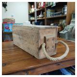 Cartouches 7.9mm  Vintage Wooden Ammo Box  900  leather hinges, rope handles  Heavy Duty  9.5 x 8 inches