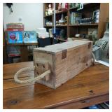 Cartouches 7.9mm  Vintage Wooden Ammo Box  900  leather hinges, rope handles  Heavy Duty  9.5 x 8 inches