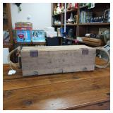 Cartouches 7.9mm  Vintage Wooden Ammo Box  900  leather hinges, rope handles  Heavy Duty  9.5 x 8 inches
