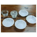7 piece Lot of Federal Brand Milk Glass with Clover Blossom Design and sauce dishes of 2 total School Pyrex Grass and one Glassbake Made in USA
