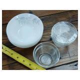 7 piece Lot of Federal Brand Milk Glass with Clover Blossom Design and sauce dishes of 2 total School Pyrex Grass and one Glassbake Made in USA