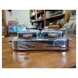 Vintage Sears and Roebuck Electric Stainless Steel Waffle Iron  Wooden handles  heat control  about 15 inches by 9