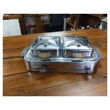 Vintage Sears and Roebuck Electric Stainless Steel Waffle Iron  Wooden handles  heat control  about 15 inches by 9