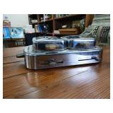 Vintage Sears and Roebuck Electric Stainless Steel Waffle Iron  Wooden handles  heat control  about 15 inches by 9