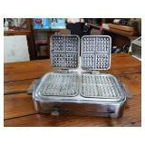 Vintage Sears and Roebuck Electric Stainless Steel Waffle Iron  Wooden handles  heat control  about 15 inches by 9