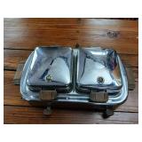Vintage Sears and Roebuck Electric Stainless Steel Waffle Iron  Wooden handles  heat control  about 15 inches by 9