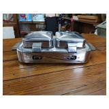 Vintage Sears and Roebuck Electric Stainless Steel Waffle Iron  Wooden handles  heat control  about 15 inches by 9