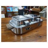 Vintage Sears and Roebuck Electric Stainless Steel Waffle Iron  Wooden handles  heat control  about 15 inches by 9