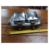 Vintage Sears and Roebuck Electric Stainless Steel Waffle Iron  Wooden handles  heat control  about 15 inches by 9