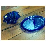 Two Piece Blue Glass Serving Tray (13 inches) and Ornate Bowl (8 inches)