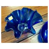 Two Piece Blue Glass Serving Tray (13 inches) and Ornate Bowl (8 inches)