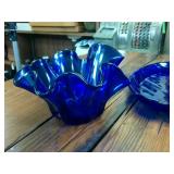 Two Piece Blue Glass Serving Tray (13 inches) and Ornate Bowl (8 inches)