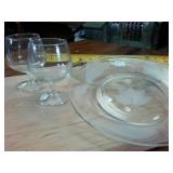 2 Brandy snifters and 2 etched serving plates