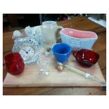 Collection of glass and cany thermometer  Red Glass  ceramic coffee mug  figurines  Crystal Clock  Redwing Brand Pottery!