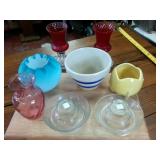 Collection of glass -  beautiful blue thin glass vase with unique top  USA made flower pot  vintage juicers and candle holders
