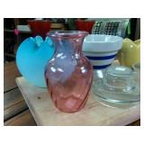 Collection of glass -  beautiful blue thin glass vase with unique top  USA made flower pot  vintage juicers and candle holders