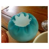 Collection of glass -  beautiful blue thin glass vase with unique top  USA made flower pot  vintage juicers and candle holders