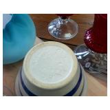 Collection of glass -  beautiful blue thin glass vase with unique top  USA made flower pot  vintage juicers and candle holders