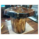 Real Wood Crafted Stool Thick Slab Seat heavily lacquered with faux gemstone inlay 15 inches wide and tall