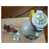 Vintage Ceramic Beer Growler with handle and two vintage bavarian figurines.