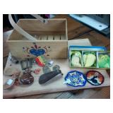 Basket Mash up of stuff  Gold Bond Shoe horn  medals patches castenets Vintage belt buckle with carry case