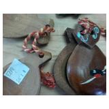 Basket Mash up of stuff  Gold Bond Shoe horn  medals patches castenets Vintage belt buckle with carry case