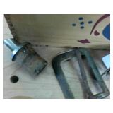 Basket Mash up of stuff  Gold Bond Shoe horn  medals patches castenets Vintage belt buckle with carry case