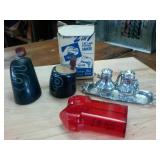 3 sets of salt and pepper shakers  mini silver plate with tray  hand crafted bovine horn and vintage plastic 2in1 with original packaging.