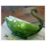 Heavy Green Glass Swan Candy or Nut Dish