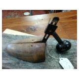 Lot of interesting vintage items  wall art  pencil shaperner body  level iron  cast iron hole punch