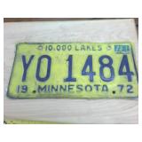 Yo! Vintage 1972 Embossed 10000 Lakes Minnesota License Plate Yellow